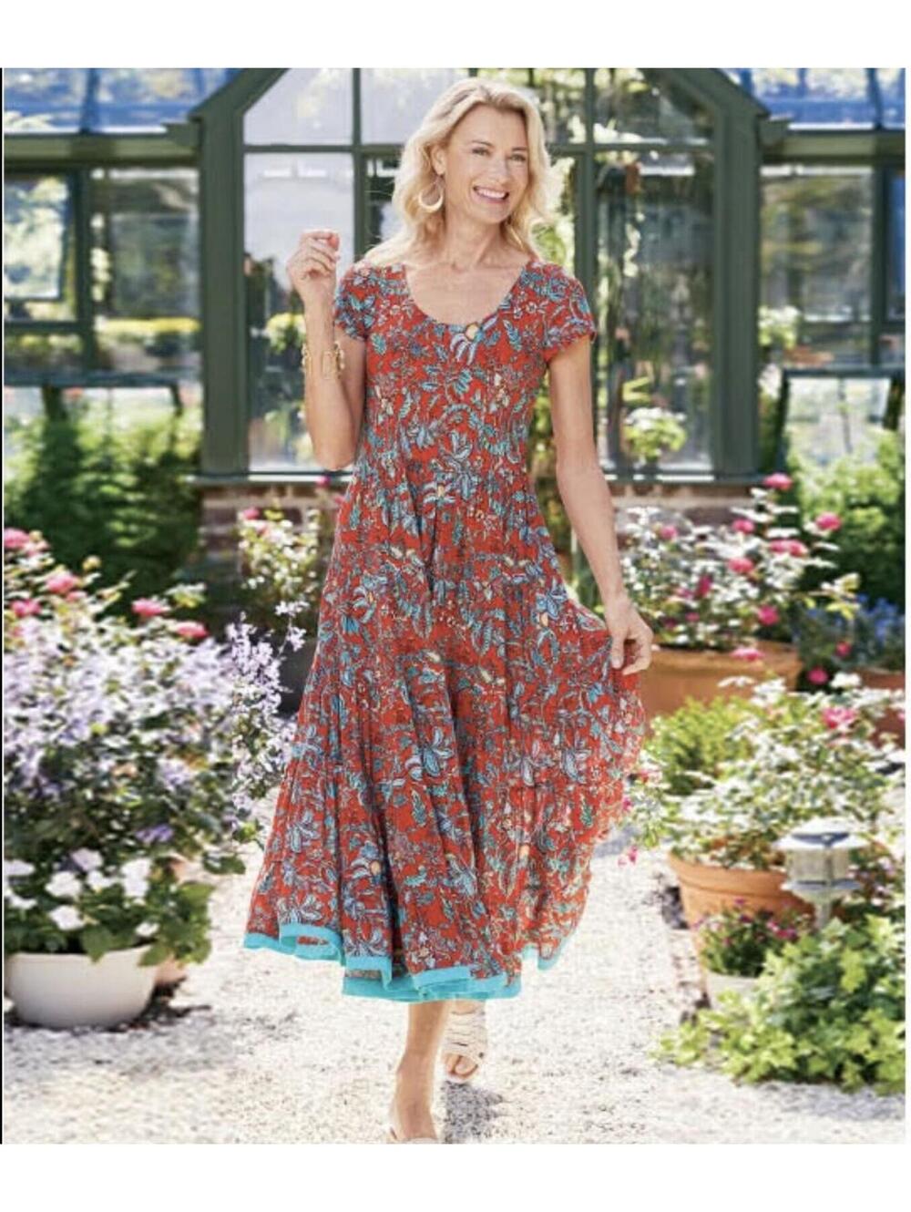 Soft Surroundings Kara Dress Fiery Teal Floral Boho Maxi Midi Tiered Dress
